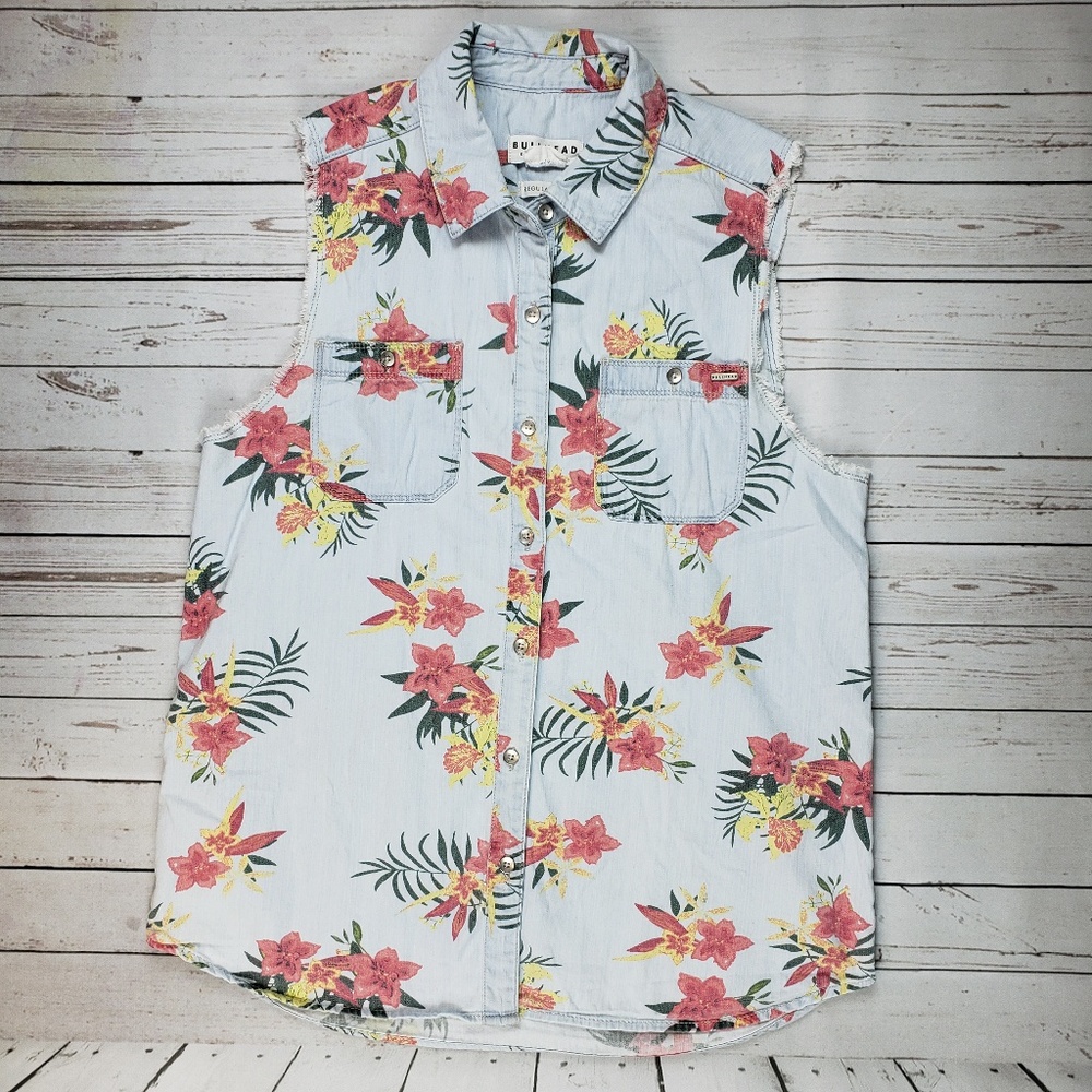 Floral Denim Raw Edge Cutoff Sleeveless Vest Top